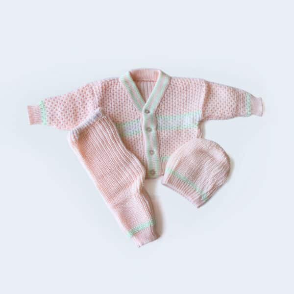 3 Pc Winter Knitted Suit Vneck Pink White
