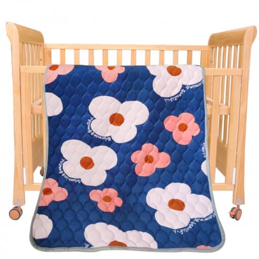 Baby Quilted Blanket Navy Blue Pink White Flowers.