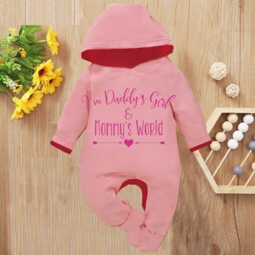 Custom Baby Jump Suit with Hoodie and Socks Daddys Girl PINK 1