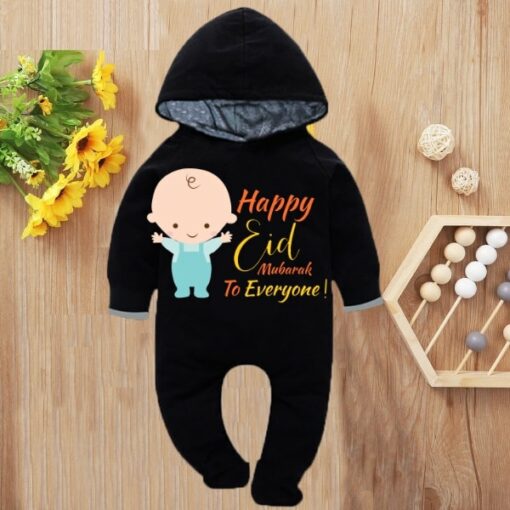 Custom Baby Jump Suit with Hoodie and Socks Eid Mubarak BLACK 1