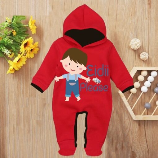 Custom Baby Jump Suit with Hoodie and Socks First Eid RED 1