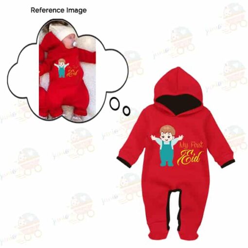 Custom Baby Jump Suit with Hoodie and Socks First Eid RED 2 1