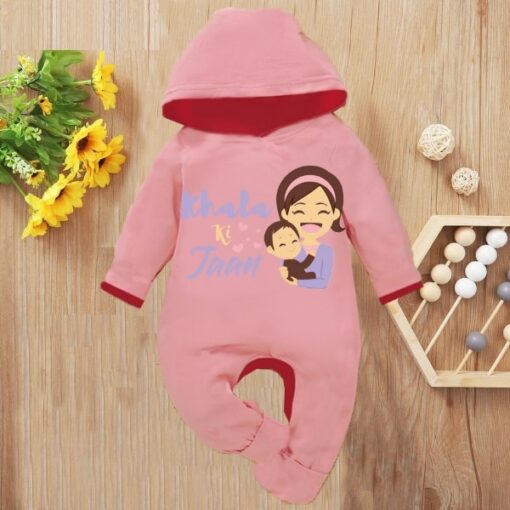 Custom Baby Jump Suit with Hoodie and Socks Khala Jaan PINK 1