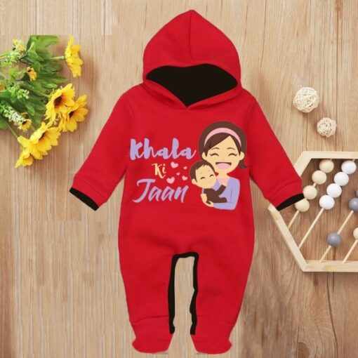 Custom Baby Jump Suit with Hoodie and Socks Khala Jaan RED 1