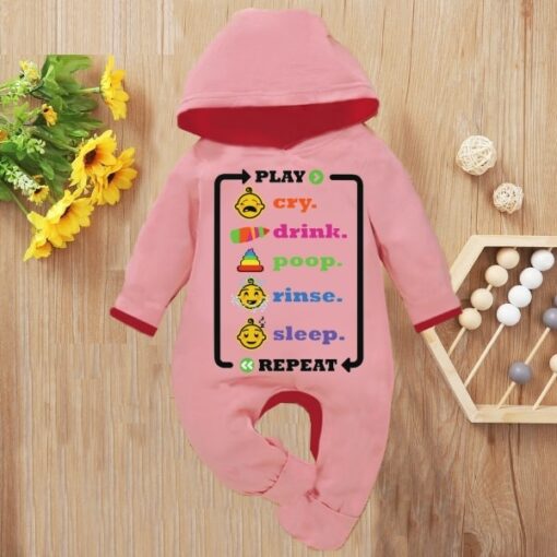 Custom Baby Jump Suit with Hoodie and Socks Play Repeat PINK 2
