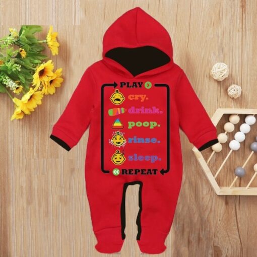 Custom Baby Jump Suit with Hoodie and Socks Play Repeat RED 1