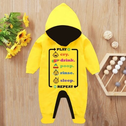 Custom Baby Jump Suit with Hoodie and Socks Play Repeat YELLOW 1