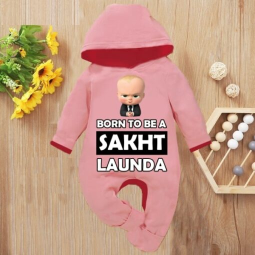 Custom Baby Jump Suit with Hoodie and Socks Sakht Launda PINK 1