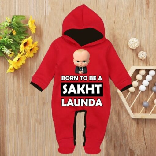 Custom Baby Jump Suit with Hoodie and Socks Sakht Launda RED 1