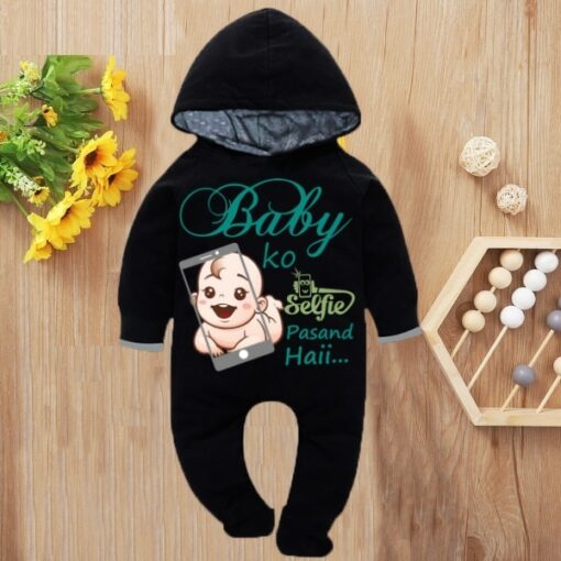 Custom Baby Jump Suit with Hoodie and Socks Selfie Baby BLACK 1