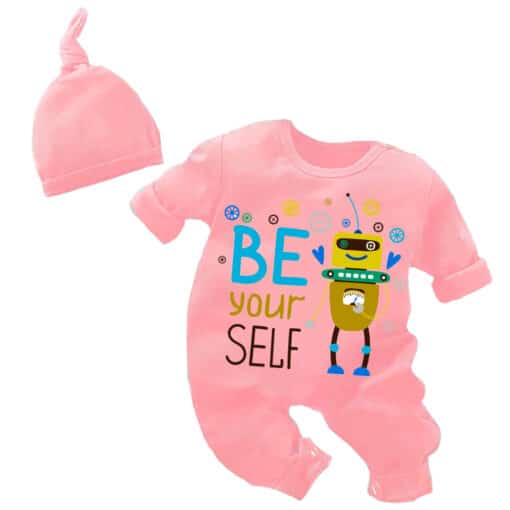 Full Body Romper With Cap Be Your Self Pink