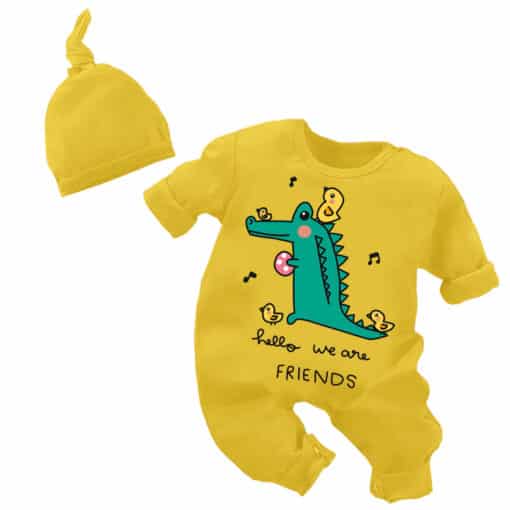 Full Body Romper With Cap Hello We Are Friends Yellow