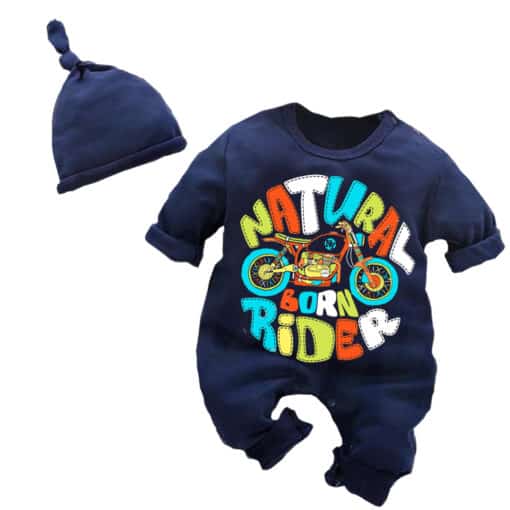 Full Body Romper With Cap Natural Born Rider Navy Blue