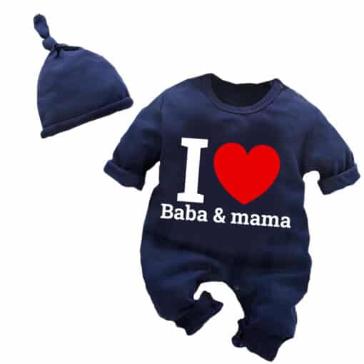 Full Body Romper with Cap I Love Baba And Mama Navy Blue