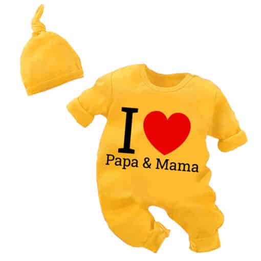 Full Body Romper with Cap I Love Papa And Mama Gold