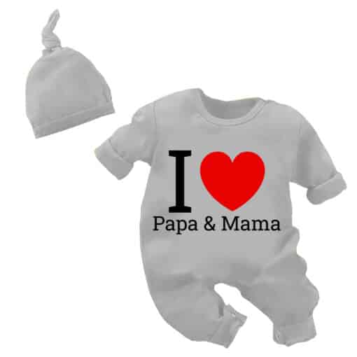 Full Body Romper with Cap I Love Papa And Mama Grey