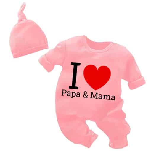 Full Body Romper with Cap I Love Papa And Mama Pink