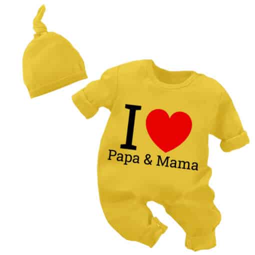 Full Body Romper with Cap I Love Papa And Mama Yellow