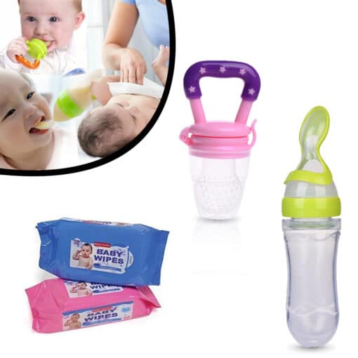 Pack of 3 Spoon Feeder Fruit Pacifier and 2 Packets of Tender Wipes Random Colors