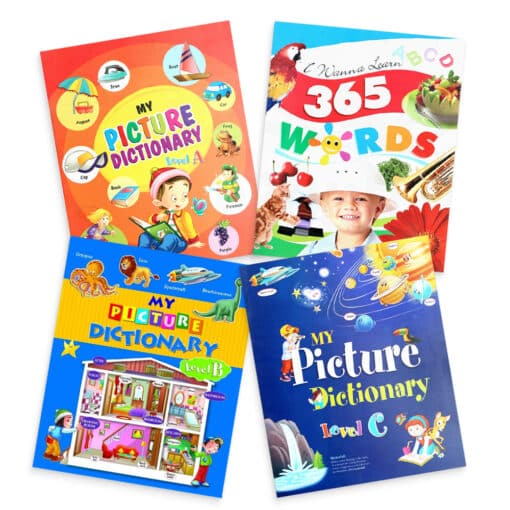 Pictures Dictionary Pack of 4 Books Level A B C and I Wanna Learn 365 Words Book.