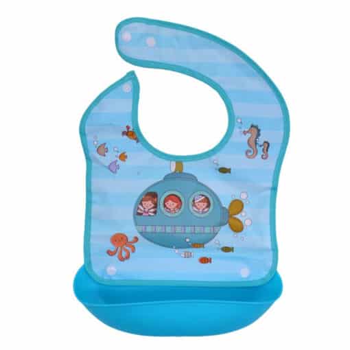 Silicone Water Proof Bib with Food Catcher Tray Blue Sub Marine