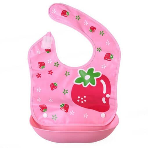 Silicone Water Proof Bib with Food Catcher Tray Pink Strawberry
