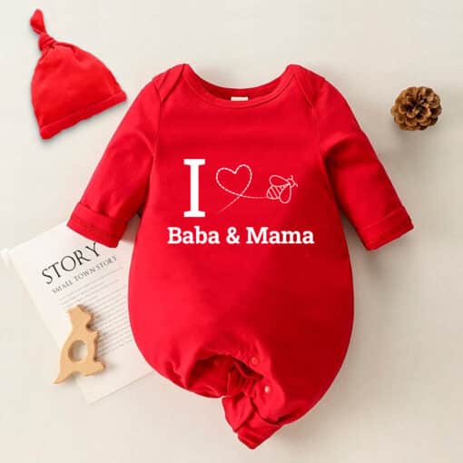 Full Body Romper with Cap I Love Baba And Mama Red