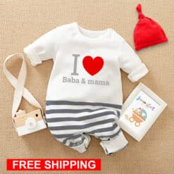 Full Body Romper with Cap I Love Baba And Mama Grey Stripes.
