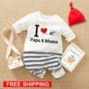 Full Body Romper with Cap I Love Papa And Mama Love Bee Stripes